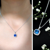 2.7 Carat Cushion Cut Lab Created Blue Sapphire and Diamond Halo Pendant