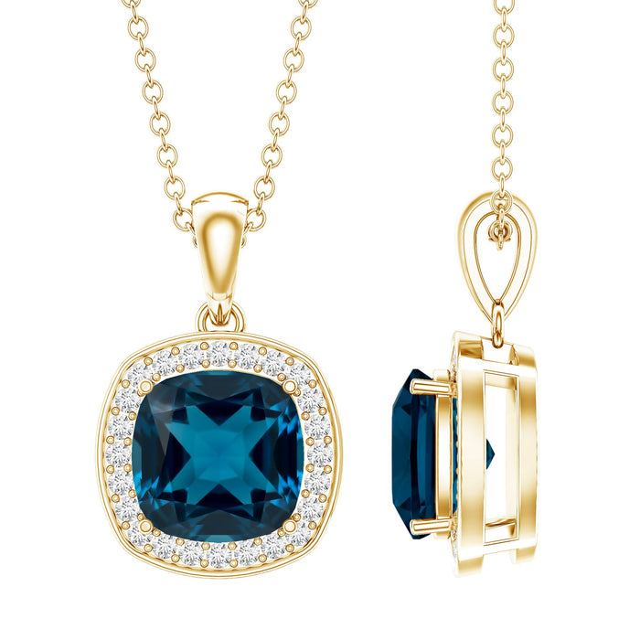 Cushion cut 2.8 carat London Blue Topaz pendant with diamond halo, showcasing elegant jewelry design by Rosec Jewels.