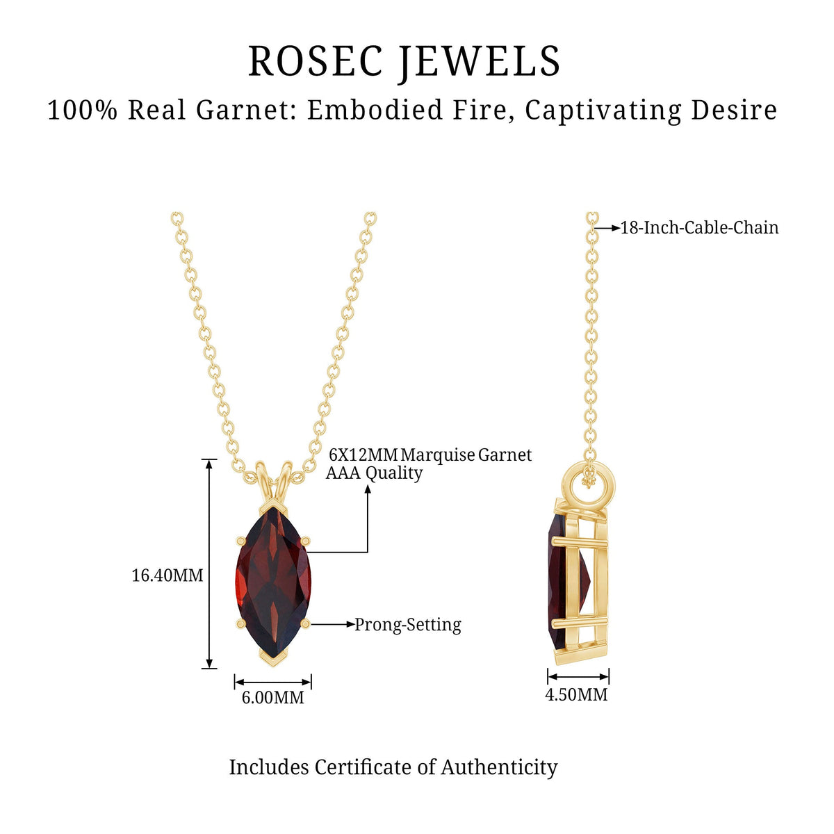 Marquise Cut 6X12 MM Real Garnet Birthstone Necklace in Gold Plated Silver