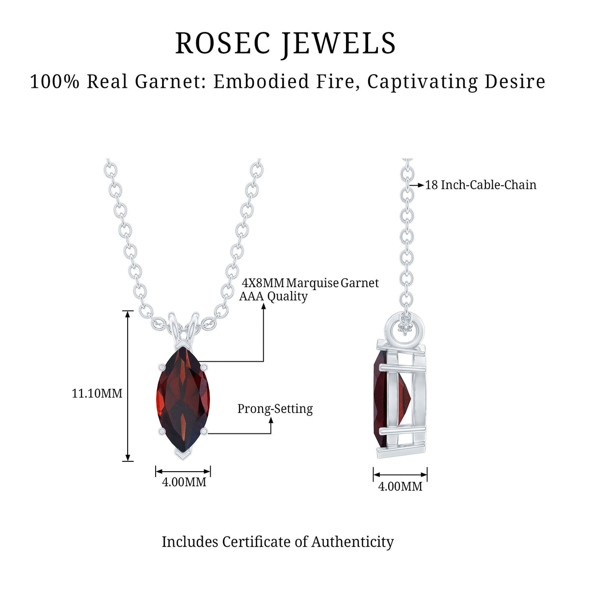 0.75 Carat Marquise Cut Garnet Solitaire Necklace With Chain