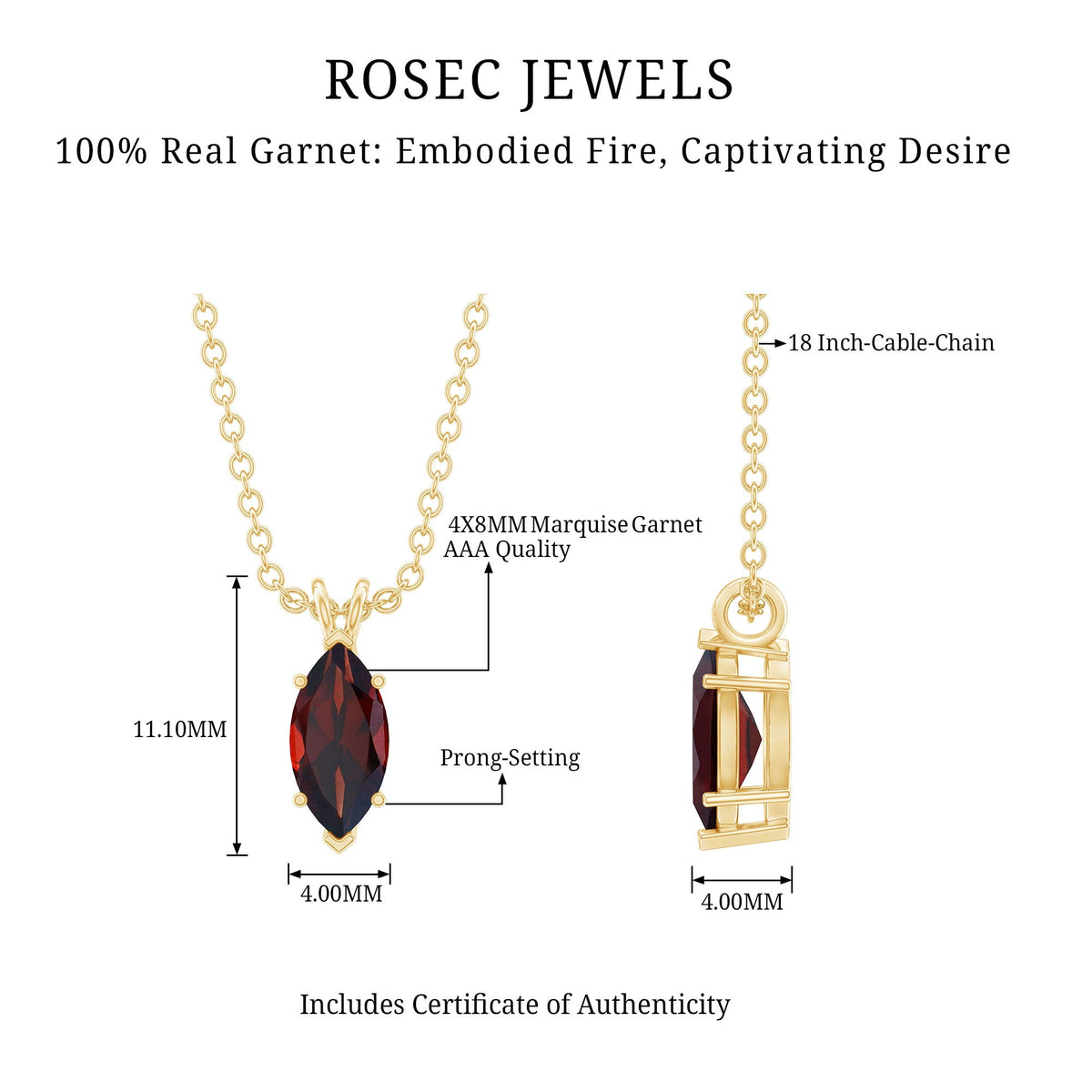 0.75 Carat Marquise Cut Garnet Solitaire Necklace With Chain