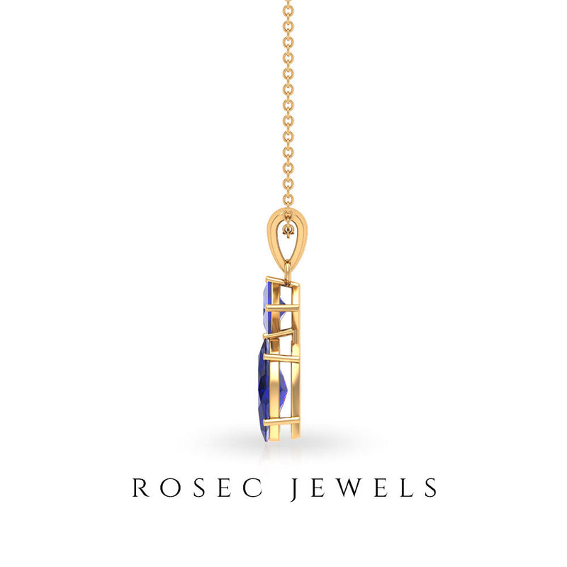 Lab-created blue sapphire two-stone pendant by Rosec Jewels featuring sparkling sapphires and a certificate of authenticity.