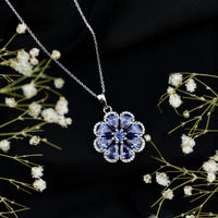 Lab Created Blue Sapphire Flower Necklace with Moissanite Halo