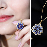 Lab Created Blue Sapphire Flower Necklace with Moissanite Halo