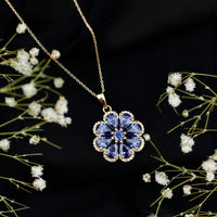 Lab Created Blue Sapphire Flower Necklace with Moissanite Halo