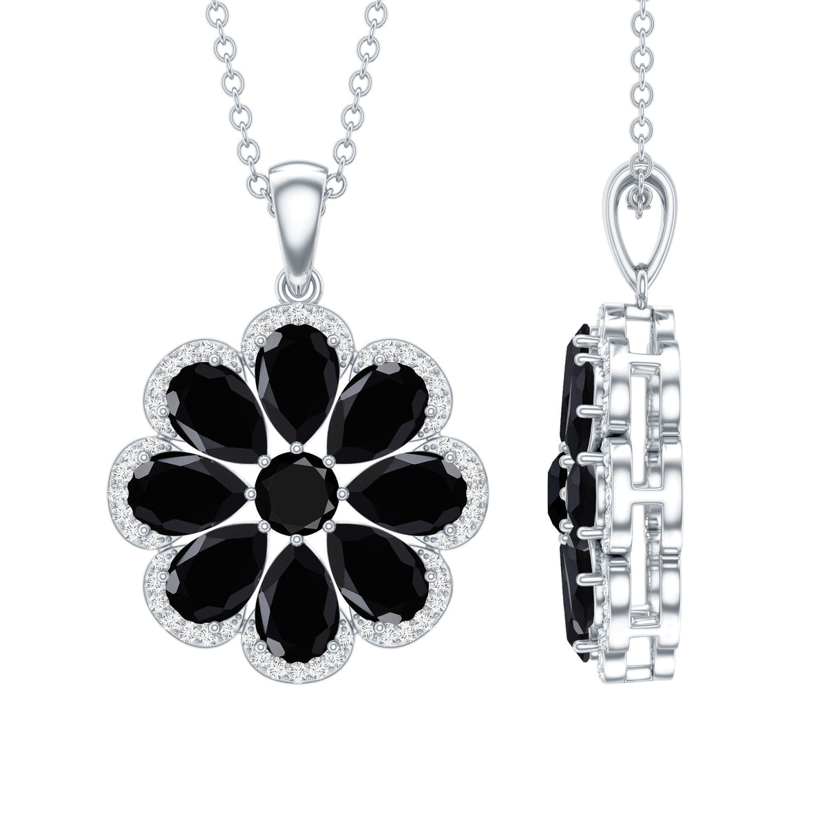 Black spinel flower pendant necklace with moissanite halo, elegant jewelry piece by Rosec Jewels featuring detailed gemstone design.