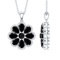 Black spinel flower pendant necklace with moissanite halo, elegant jewelry piece by Rosec Jewels featuring detailed gemstone design.