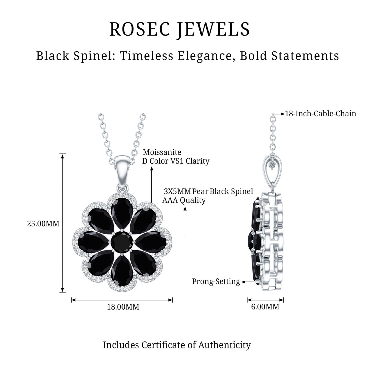 Black spinel flower pendant necklace with moissanite halo from Rosec Jewels, showcasing intricate jewelry design and sparkling gemstones.