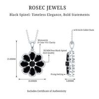 Black spinel flower pendant necklace with moissanite halo from Rosec Jewels, showcasing intricate jewelry design and sparkling gemstones.