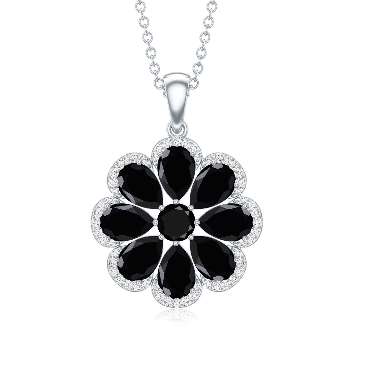 Black spinel flower pendant necklace with moissanite halo from Rosec Jewels, featuring a detailed floral design and sparkling accents.