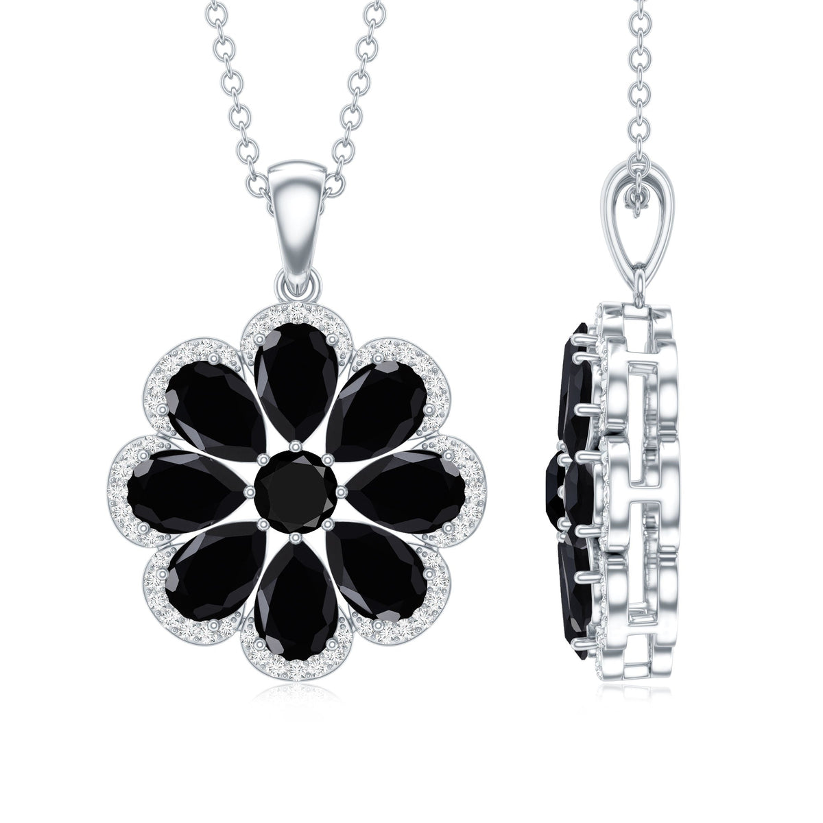 Black Spinel flower pendant with moissanite halo necklace by Rosec Jewels, featuring intricate floral design and sparkling gemstones.