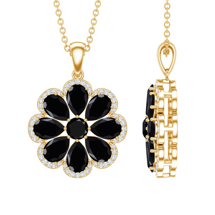Black spinel flower pendant with moissanite halo necklace, crafted by Rosec Jewels, showcasing a detailed floral jewelry design.