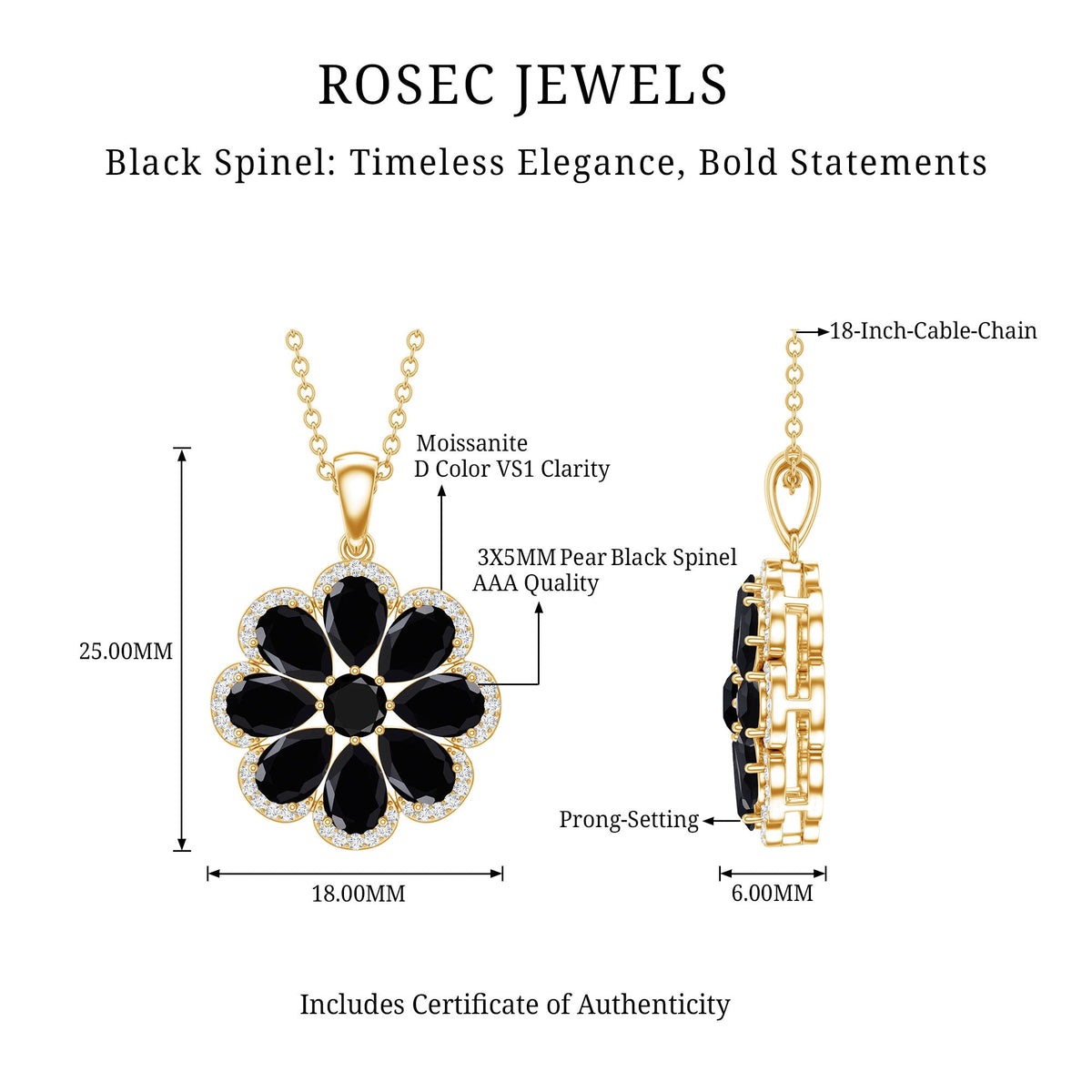Black spinel flower pendant necklace with moissanite halo by Rosec Jewels, showcasing a detailed floral design and sparkling gemstone accents.