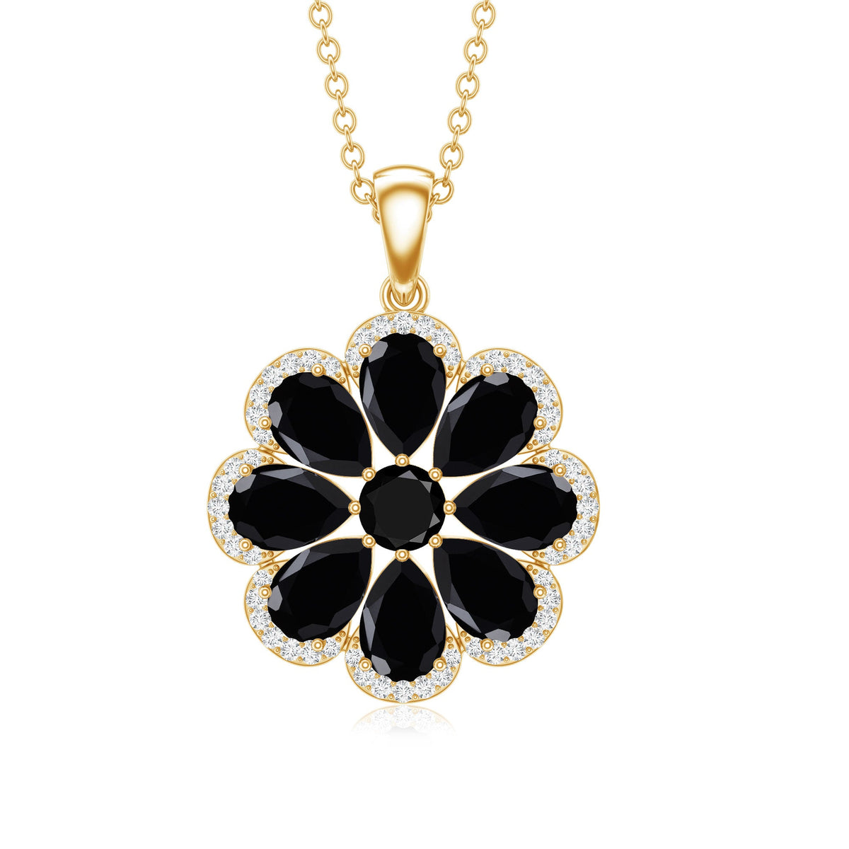 Black spinel flower pendant necklace with moissanite halo, Rosec Jewels jewelry piece featuring elegant floral design.