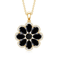 Black spinel flower pendant necklace with moissanite halo, Rosec Jewels jewelry piece featuring elegant floral design.