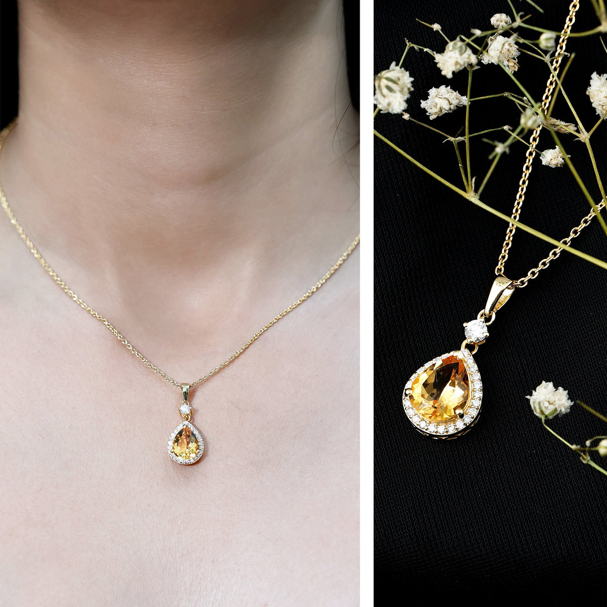 Certified 2 Carat Citrine Teardrop Pendant Necklace with Diamond Halo