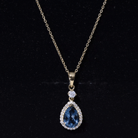Certified London Blue Topaz Teardrop Necklace with Moissanite Halo