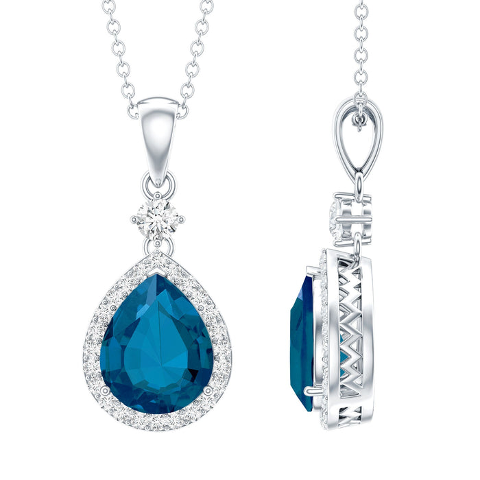 London Blue Topaz teardrop pendant with moissanite halo, featuring a 1.75 carat gemstone and elegant silver setting.