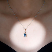 Certified London Blue Topaz Teardrop Necklace with Moissanite Halo
