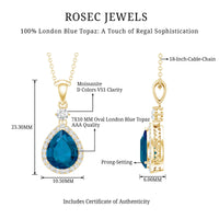 Certified London Blue Topaz Teardrop Necklace with Moissanite Halo