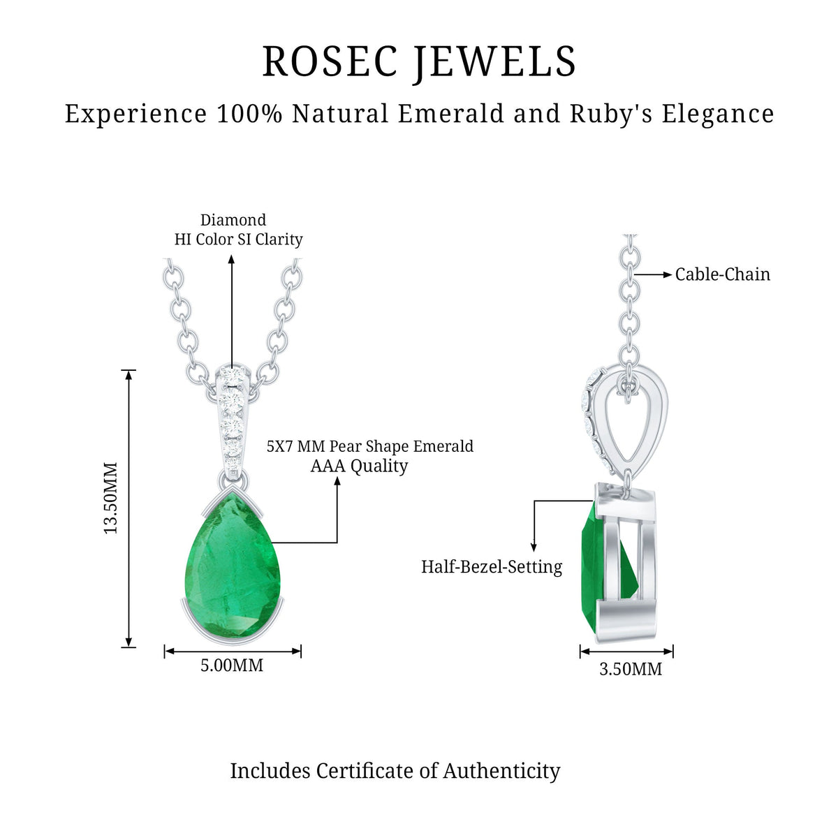 Pear cut emerald pendant with diamond accent bail, solitaire jewelry piece by Rosec Jewels, featuring a vibrant green gemstone.