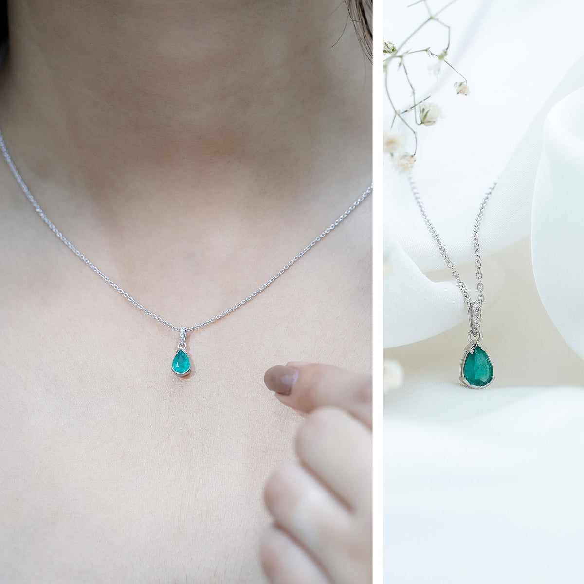 Pear cut emerald solitaire pendant with diamond accent bail by Rosec Jewels, featuring a green emerald gemstone and elegant silver setting.