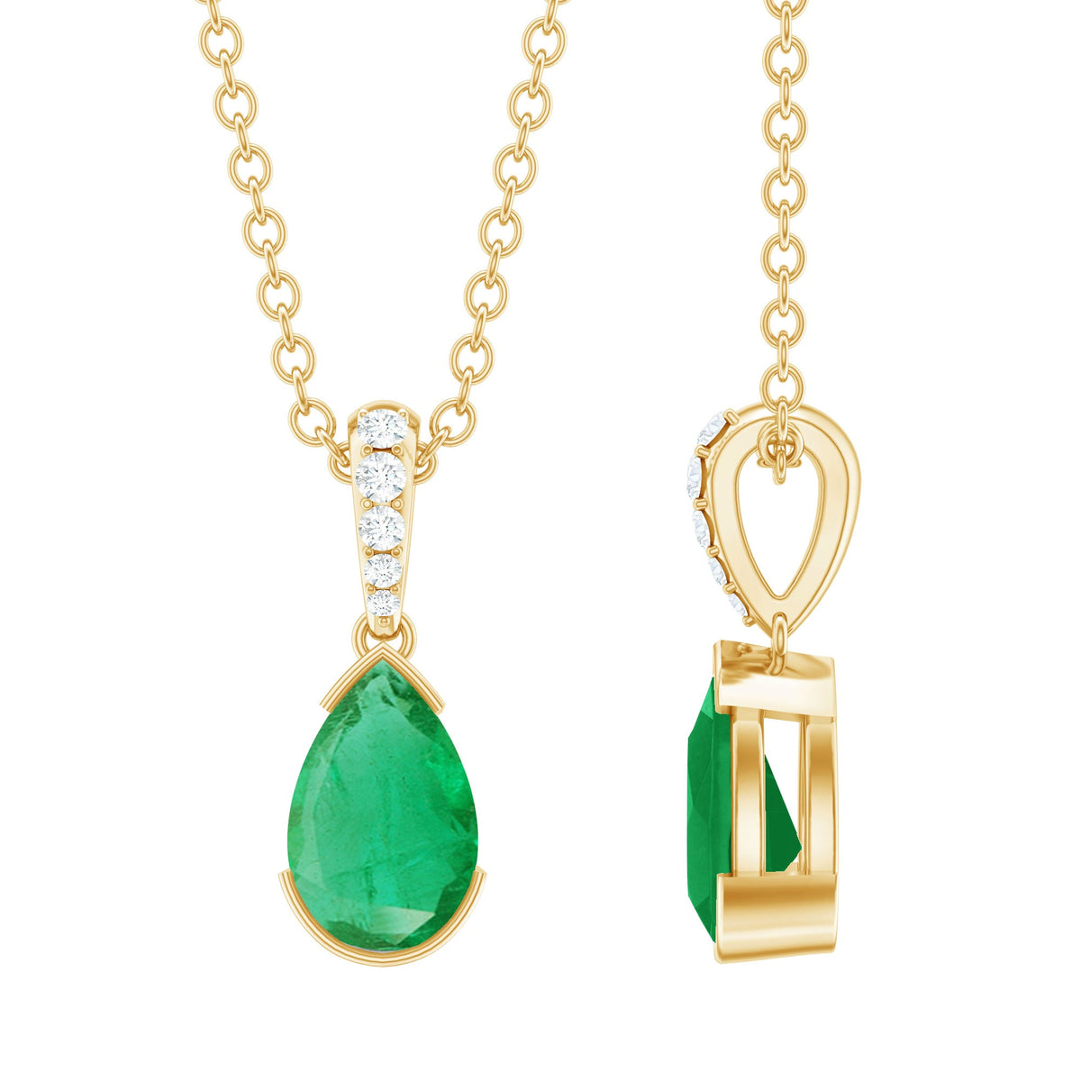 Pear cut emerald solitaire pendant with diamond accent bail from Rosec Jewels, featuring a green gemstone and elegant silver setting.