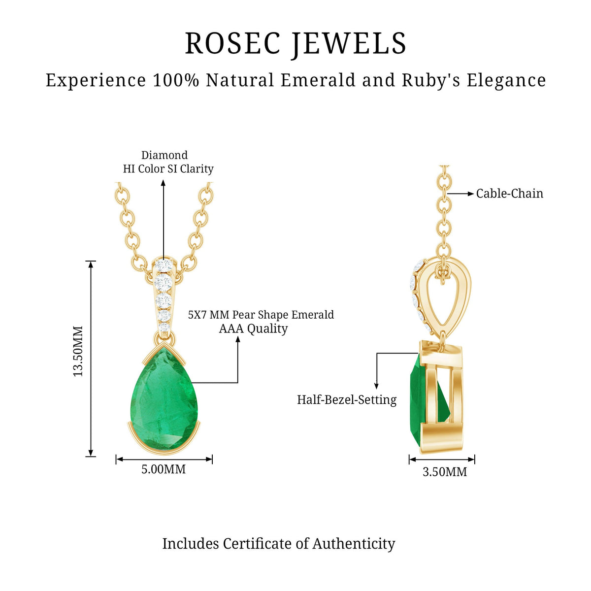 Pear cut emerald solitaire pendant with diamond accent bail from Rosec Jewels, featuring a green gemstone and elegant silver setting