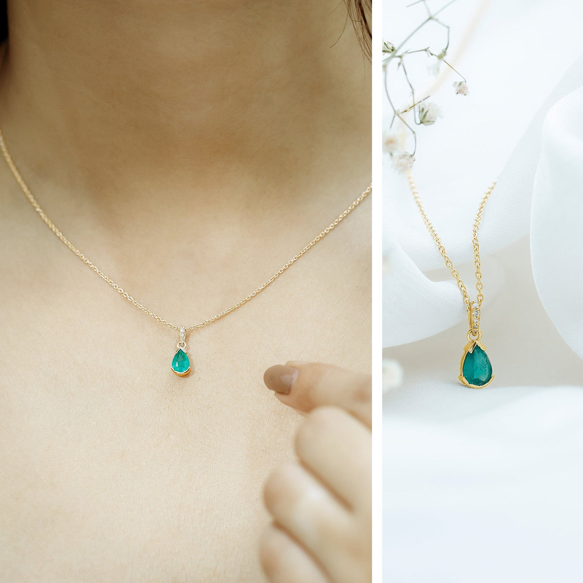 Pear cut emerald solitaire pendant with diamond accent bail, featuring a sleek rose gold setting and elegant jewelry design.