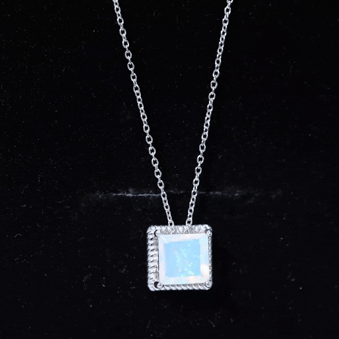 2 carat princess cut Ethiopian opal solitaire necklace with rope frame from Rosec Jewels, showcasing the elegant center stone and detailed setting.
