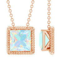 Ethiopian opal princess cut solitaire necklace with rope frame by Rosec Jewels showcasing a sparkling gemstone and elegant design.