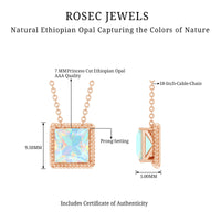 Rosec Jewels 2 Carat Princess Cut Ethiopian Opal Solitaire Necklace with Rope Frame, showcasing a stunning gemstone pendant.