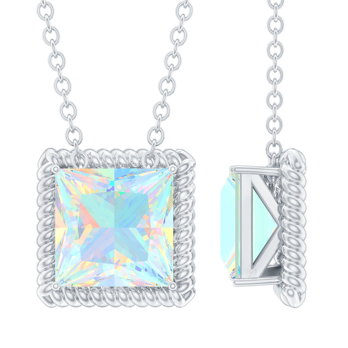 Ethiopian opal solitaire necklace with 2 carat princess cut stone and rope frame by Rosec Jewels, close-up view of the elegant jewelry.