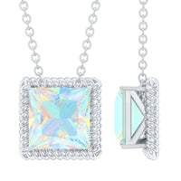 Ethiopian opal solitaire necklace with 2 carat princess cut stone and rope frame by Rosec Jewels, close-up view of the elegant jewelry.