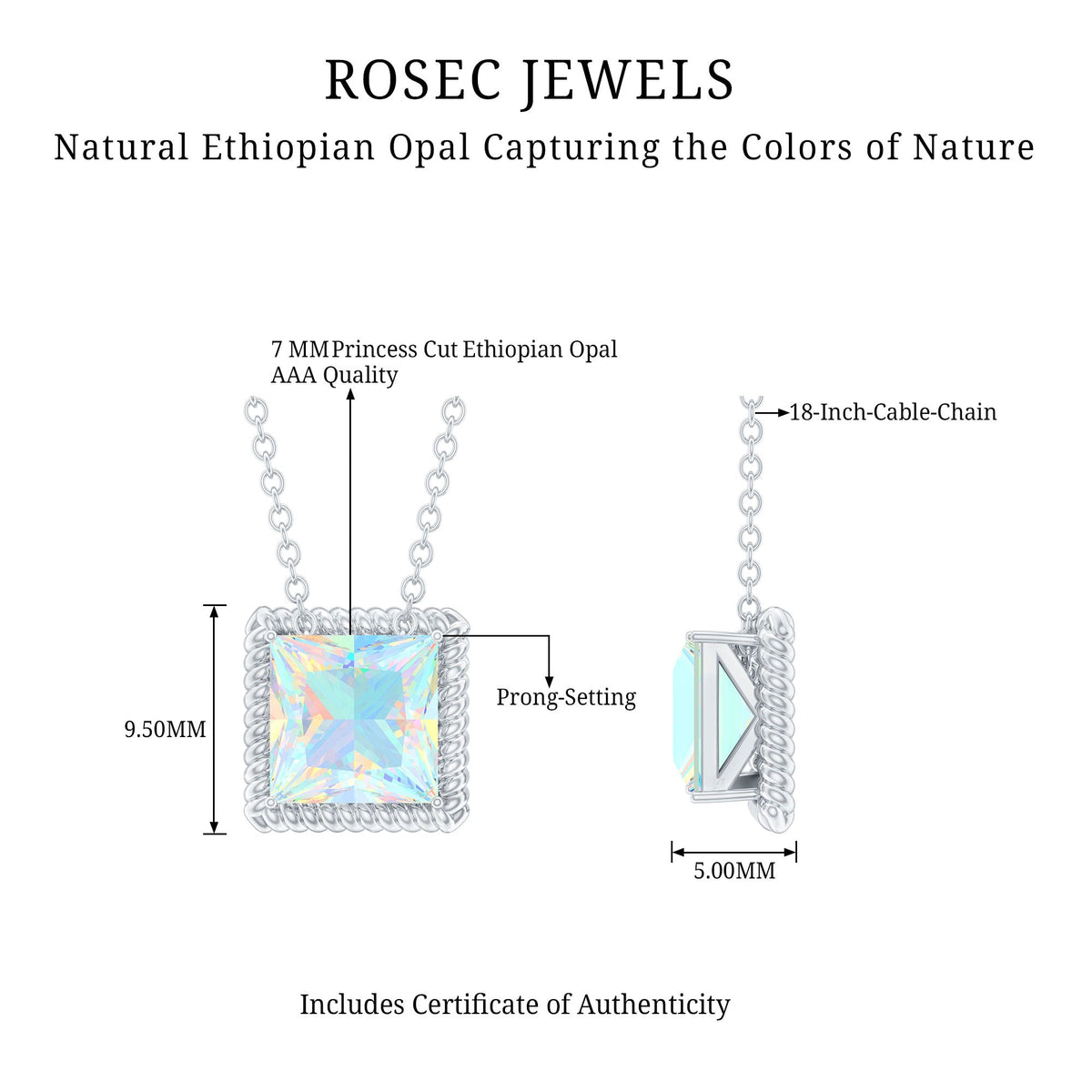 Two-carat princess cut Ethiopian opal solitaire necklace with rope frame by Rosec Jewels, showcasing a vivid, sparkling gemstone.