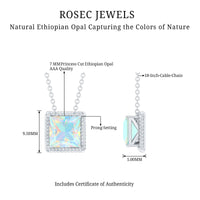 Two-carat princess cut Ethiopian opal solitaire necklace with rope frame by Rosec Jewels, showcasing a vivid, sparkling gemstone.