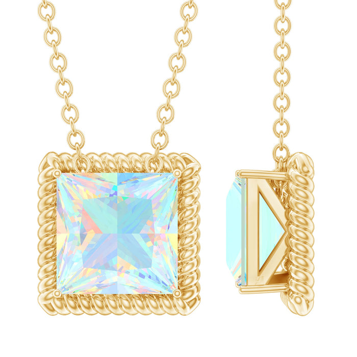 Two-carat princess cut Ethiopian opal solitaire necklace with rope frame, showcasing a sparkling gemstone pendant from Rosec Jewels.