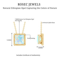 Elegant necklace featuring a 2 carat princess cut Ethiopian opal solitaire with a rope frame, designed by Rosec Jewels.