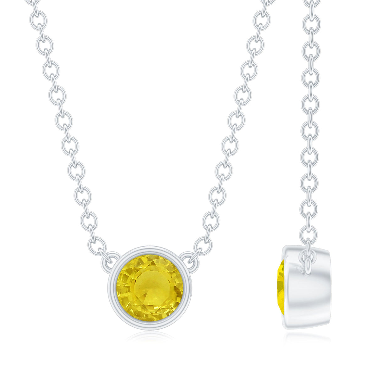 Round cut 4mm yellow sapphire pendant bezel set in a necklace, featuring a delicate gold chain with rosec Jewels branding.