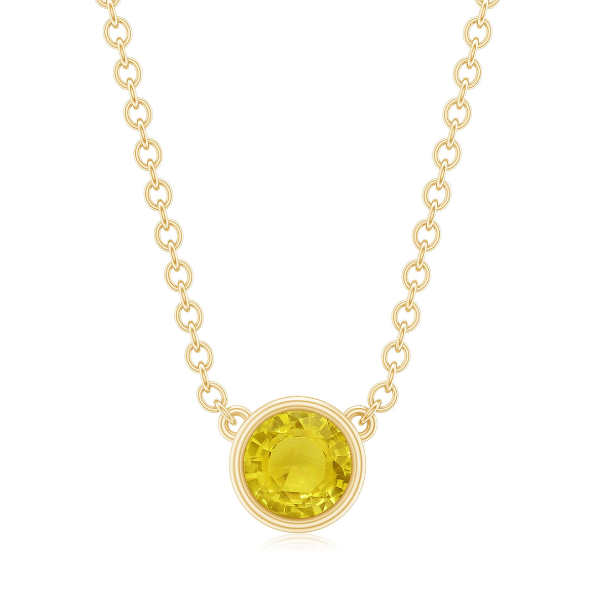 Round cut 4mm yellow sapphire bezel set pendant necklace from Rosec Jewels featuring a sparkling yellow sapphire gemstone.