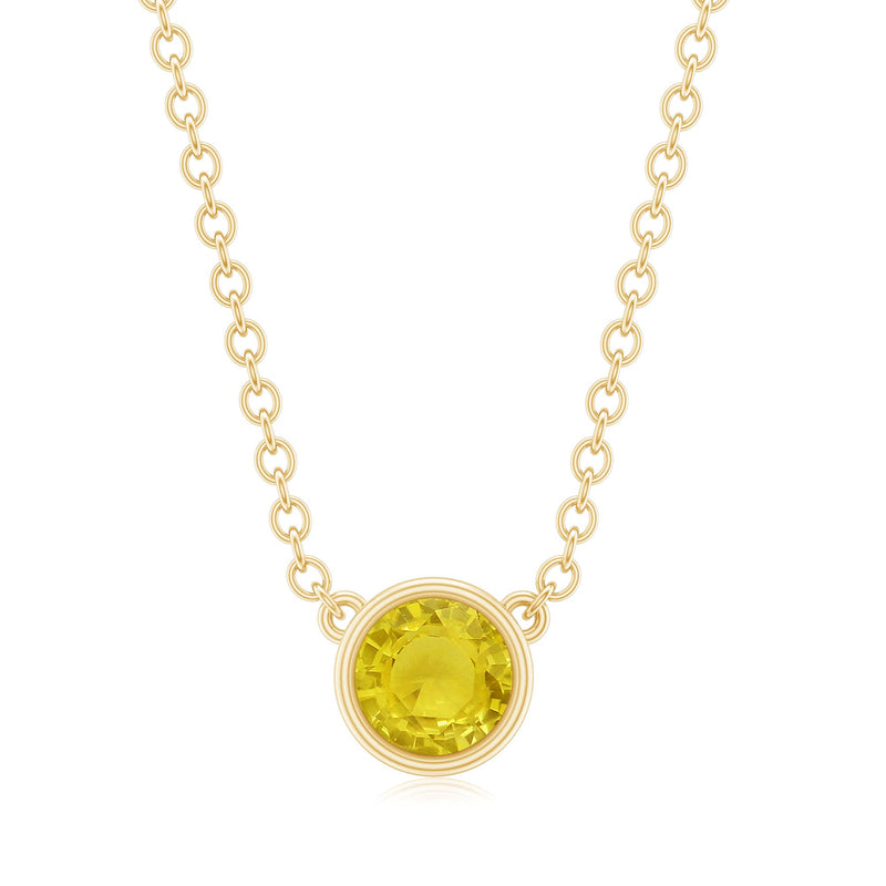 Round cut 4mm yellow sapphire bezel set pendant necklace from Rosec Jewels featuring a sparkling yellow sapphire gemstone.