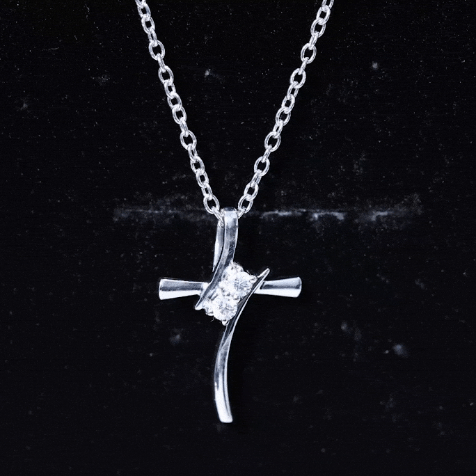 Sterling silver moissanite cross pendant necklace with sparkling white stones, elegant jewelry by Rosec Jewels.