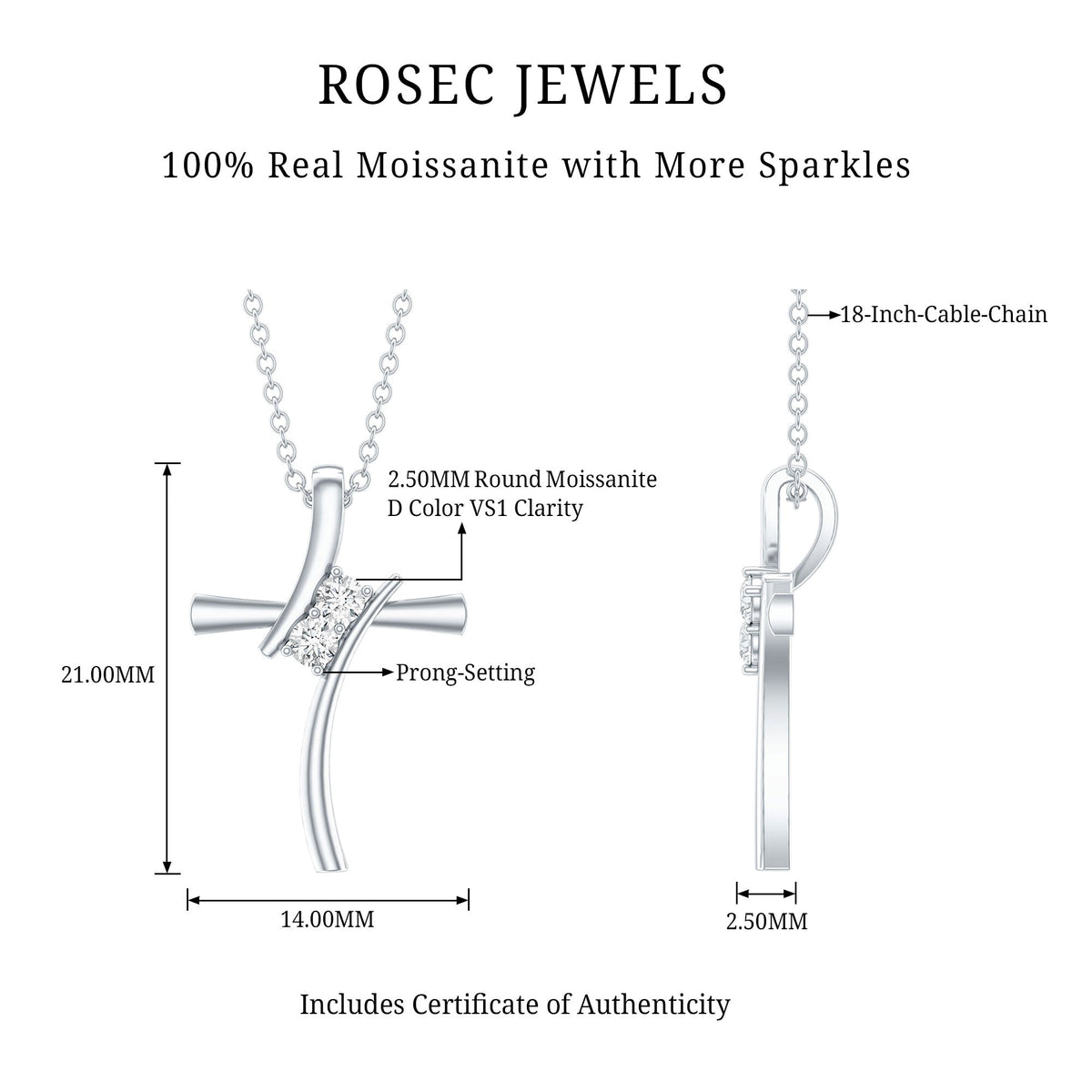 Certified Moissanite Cross Pendant Necklace in sterling Silver