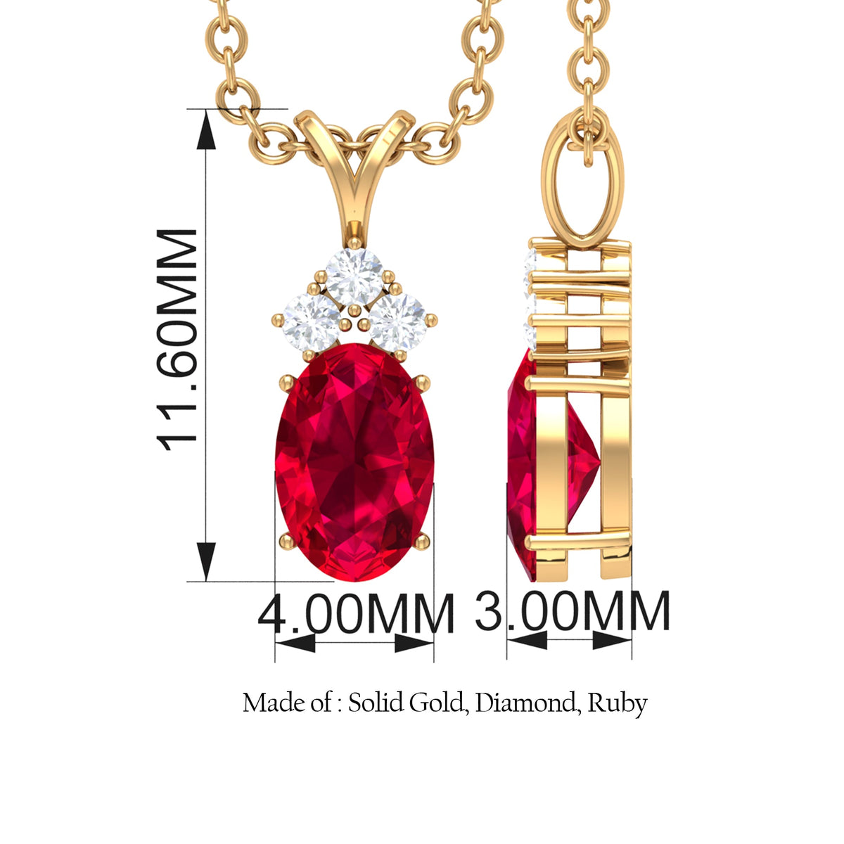 Natural 4X6MM Oval Ruby Pendant with Diamond Trio