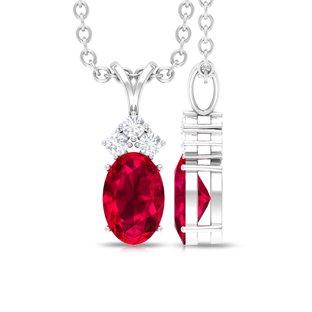 Natural 4X6MM Oval Ruby Pendant with Diamond Trio