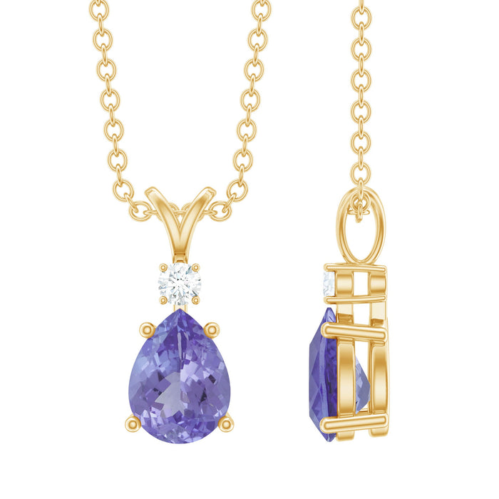 Real Tanzanite teardrop pendant necklace with diamond accents from Rosec Jewels, showcasing a stunning blue gemstone and elegant design.