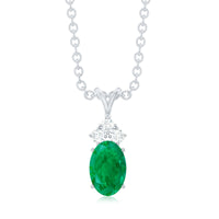 Natural Oval Emerald Pendant Necklace with Diamond Trio