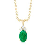 Natural Oval Emerald Pendant Necklace with Diamond Trio