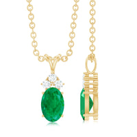 Natural Oval Emerald Pendant Necklace with Diamond Trio