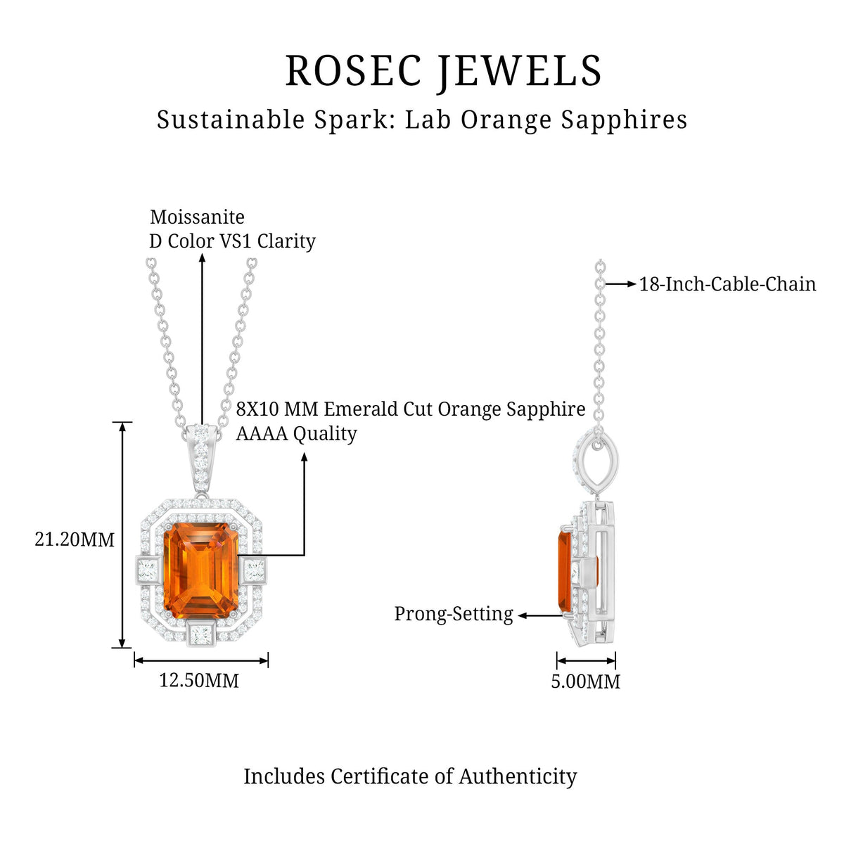 Vintage Inspired 2.7 Carat Emerald Cut Created Orange Sapphire Wedding Necklace